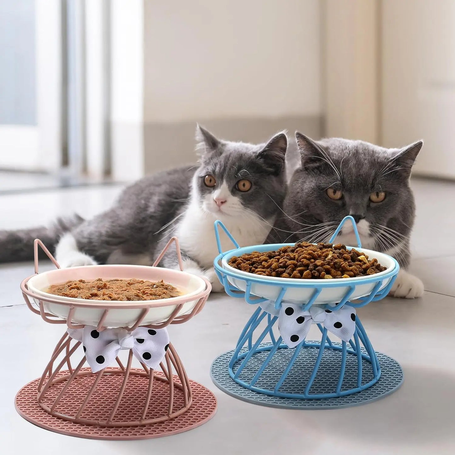 Ceramic Raised Pet Bowls With Stand Non-Slip Mat Dishwasher Safe