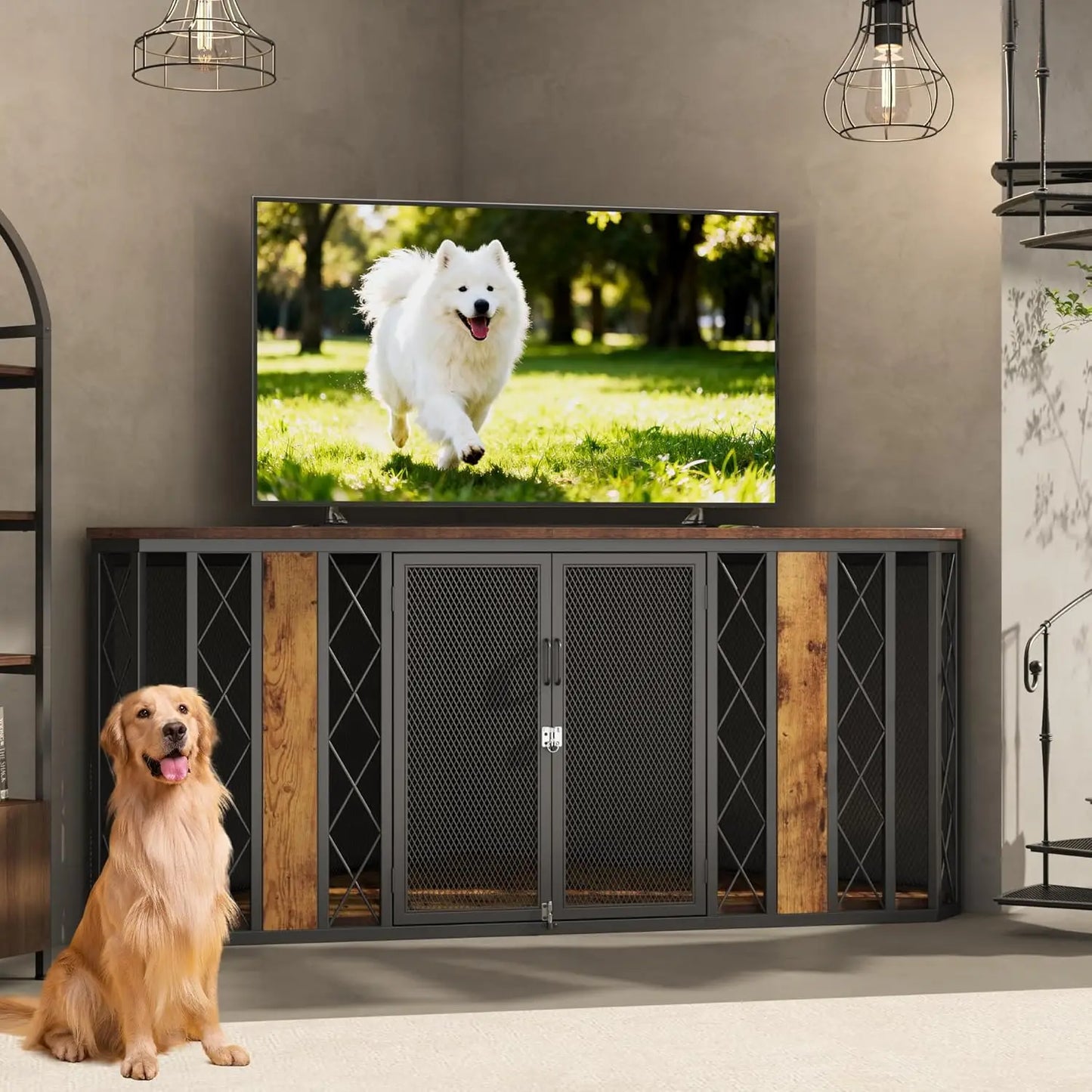 Wood Corner Dog Crate Furniture With Diamond Metal Decoration