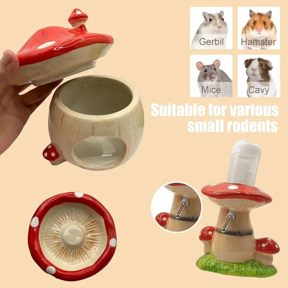 Mushroom Ceramic Hamster Hideout With Stand Water Bottle And Bowl