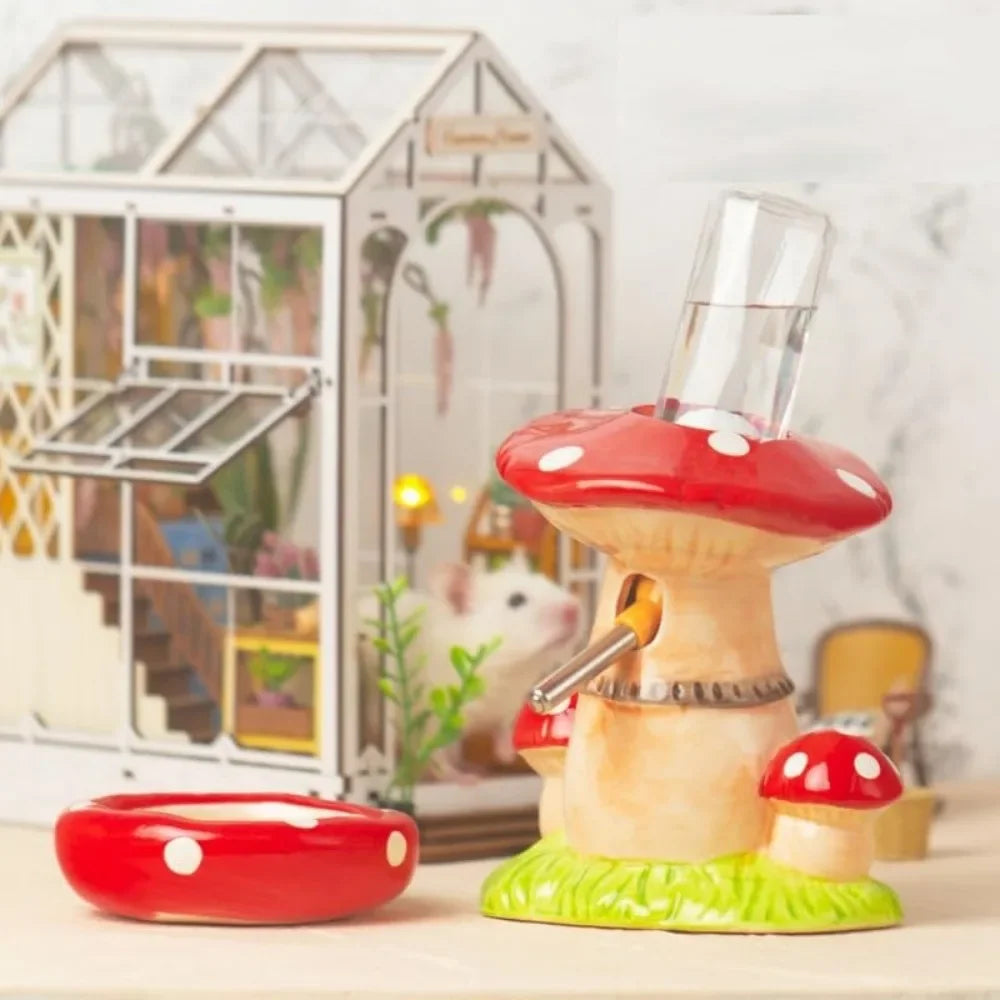 Mushroom Ceramic Hamster Hideout With Stand Water Bottle And Bowl