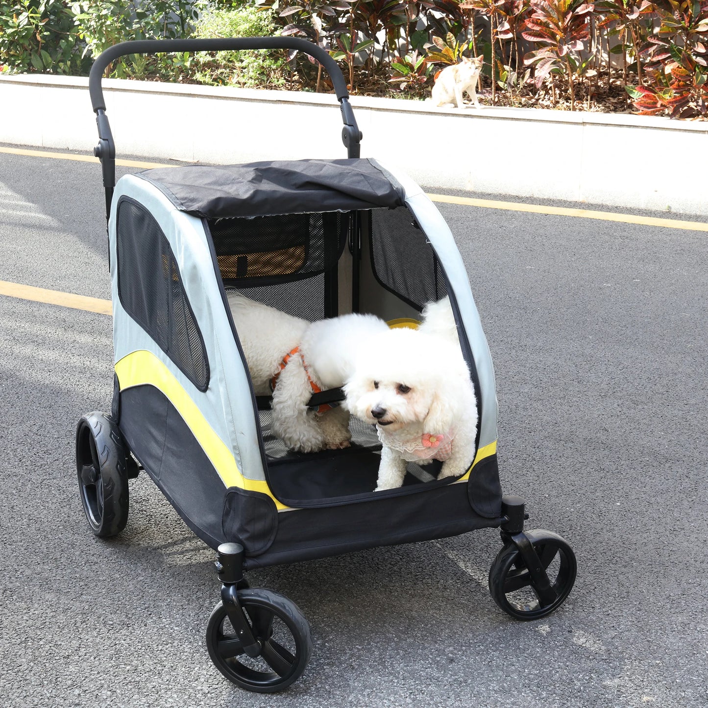 Pet Stroller for Two Dogs With Zipper Divider and Wheels