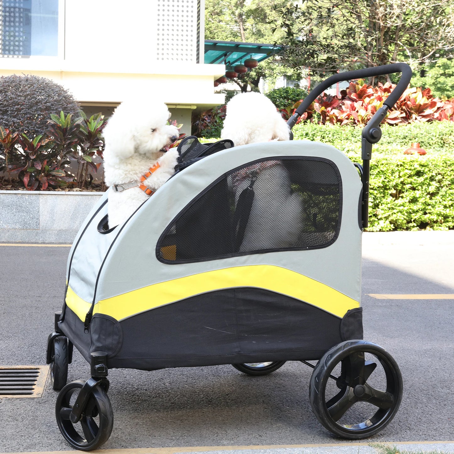 Pet Stroller for Two Dogs With Zipper Divider and Wheels