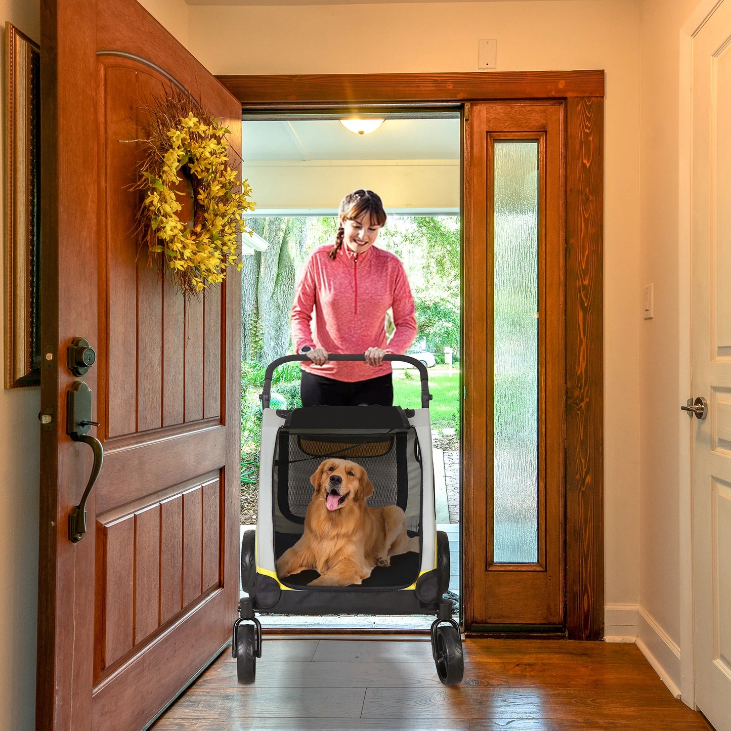 Pet Stroller for Two Dogs With Zipper Divider and Wheels