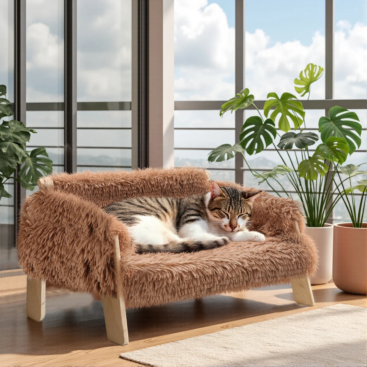 Durable Cat Sofa Bed With Wooden Legs Plush Raised Nest