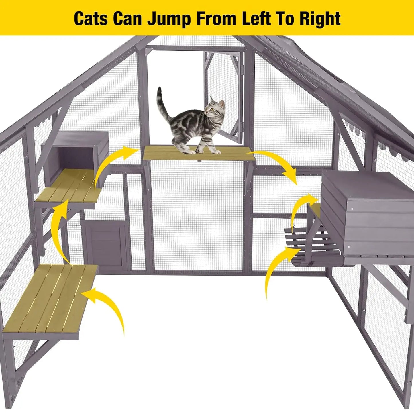 Wooden Outdoor Cat Enclosure With Large Door Platforms