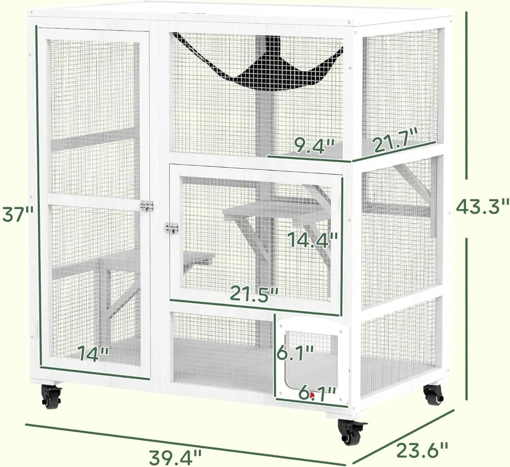 Indoor Wooden Catio Cat House On Wheels With 3 Platforms