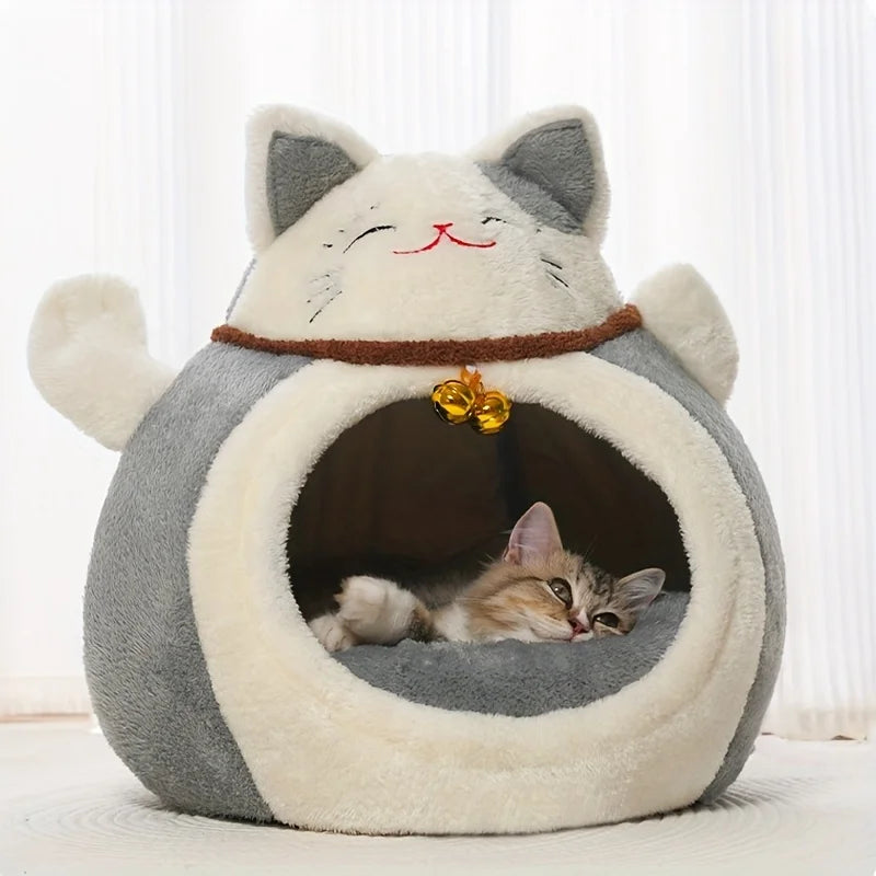 Winter Plush Cat Bed Cave With Hat Design For Cats