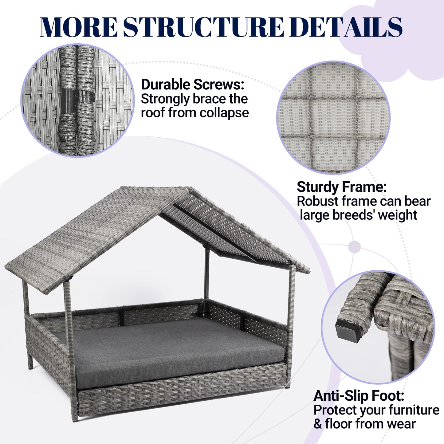 Wicker Dog House Elevated Rattan Bed With Canopy Cushion