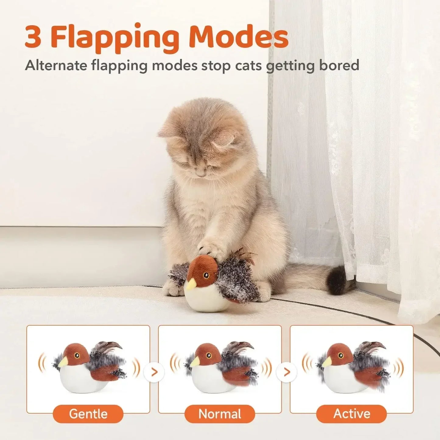 Rechargeable Flapping Bird Cat Toy With Chirping Sounds Motion Sensor