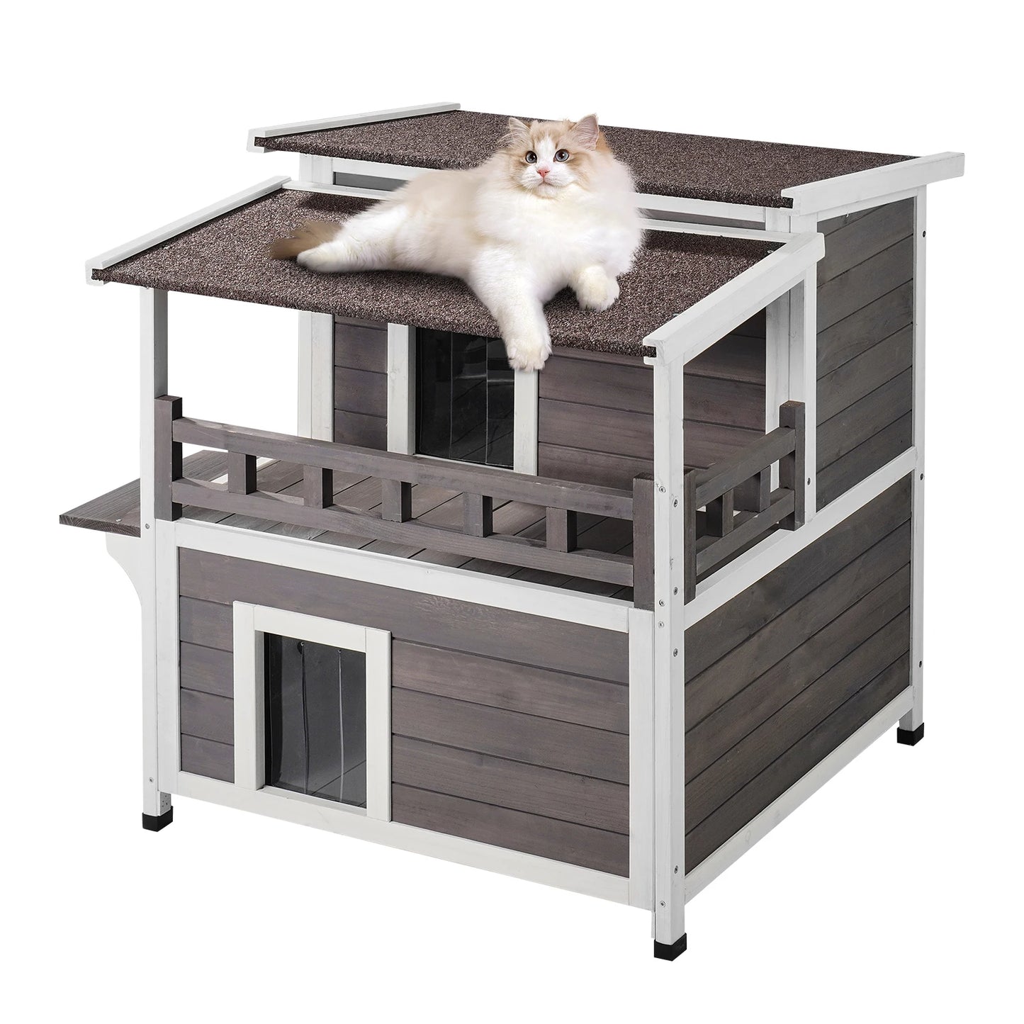 SucceBuy Outdoor Cat House Weatherproof Two Story Balcony Shelter