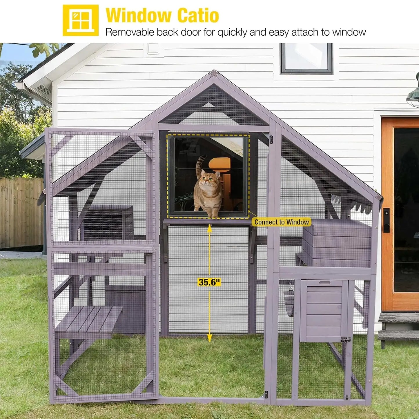 Wooden Outdoor Cat Enclosure With Large Door Platforms