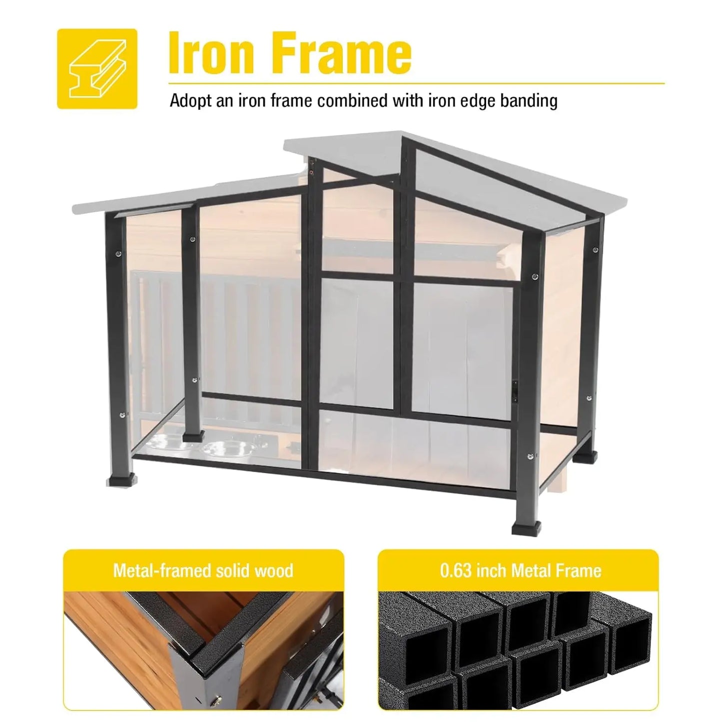 Chew Resistant Metal Frame Wooden Dog House With Waterproof Roof