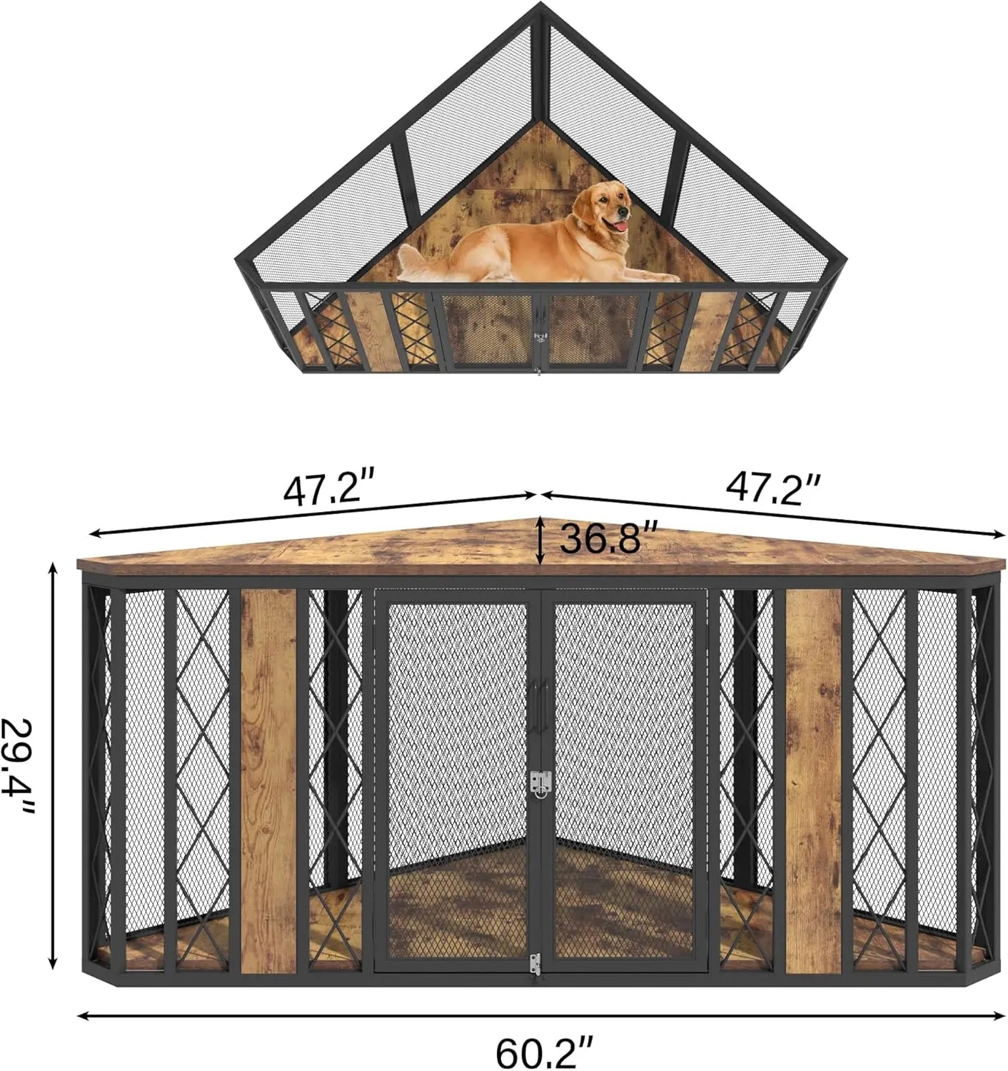 Wood Corner Dog Crate Furniture With Diamond Metal Decoration