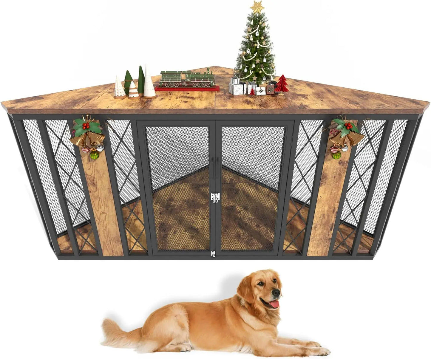 Wood Corner Dog Crate Furniture With Diamond Metal Decoration