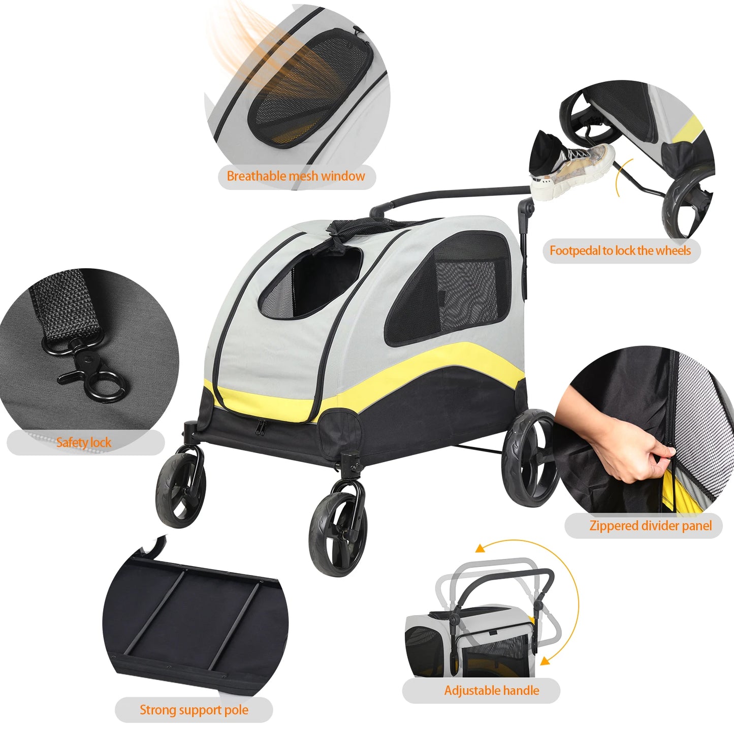 Pet Stroller for Two Dogs With Zipper Divider and Wheels
