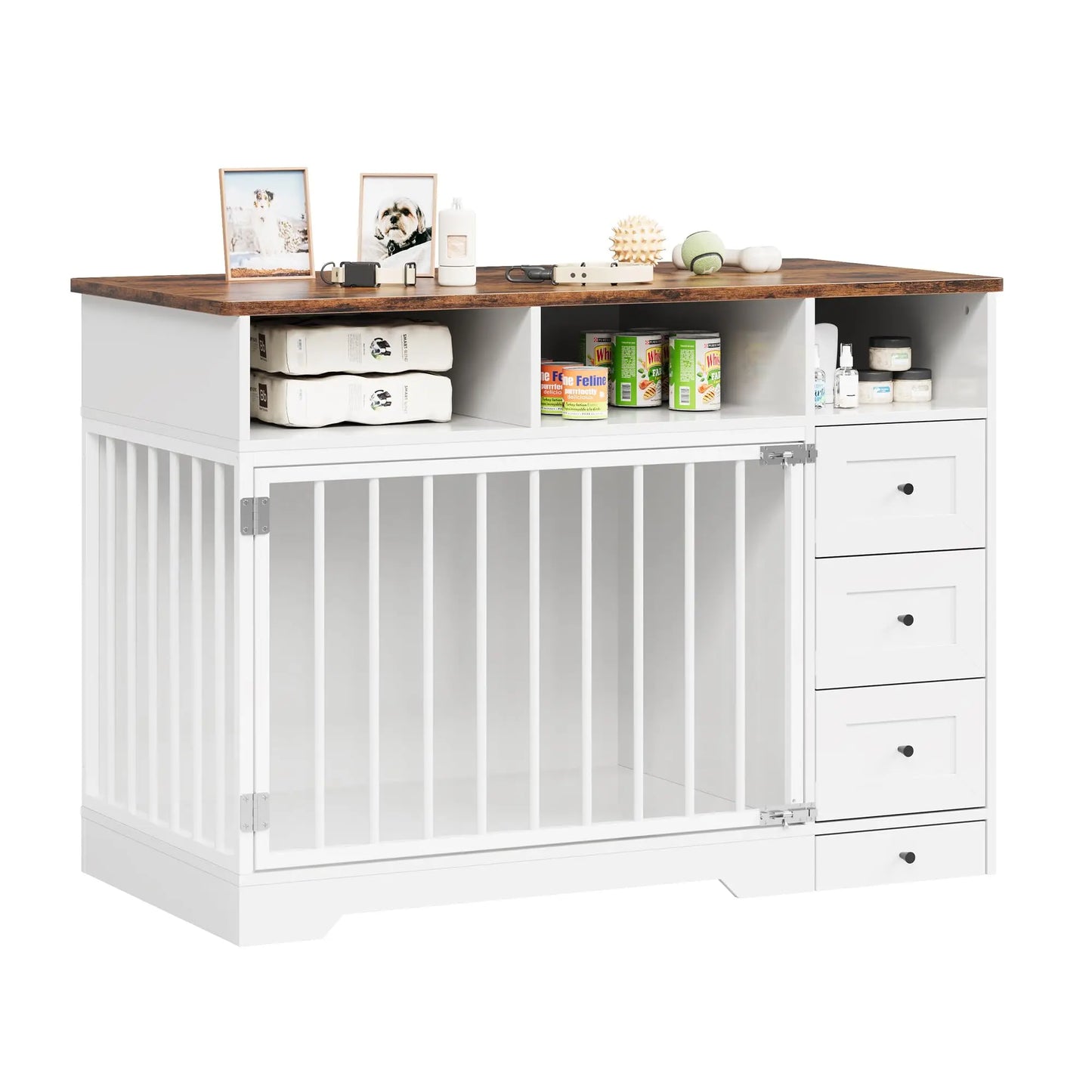 HiMISS Farmhouse Wooden Dog Crate End Table With Storage Drawers