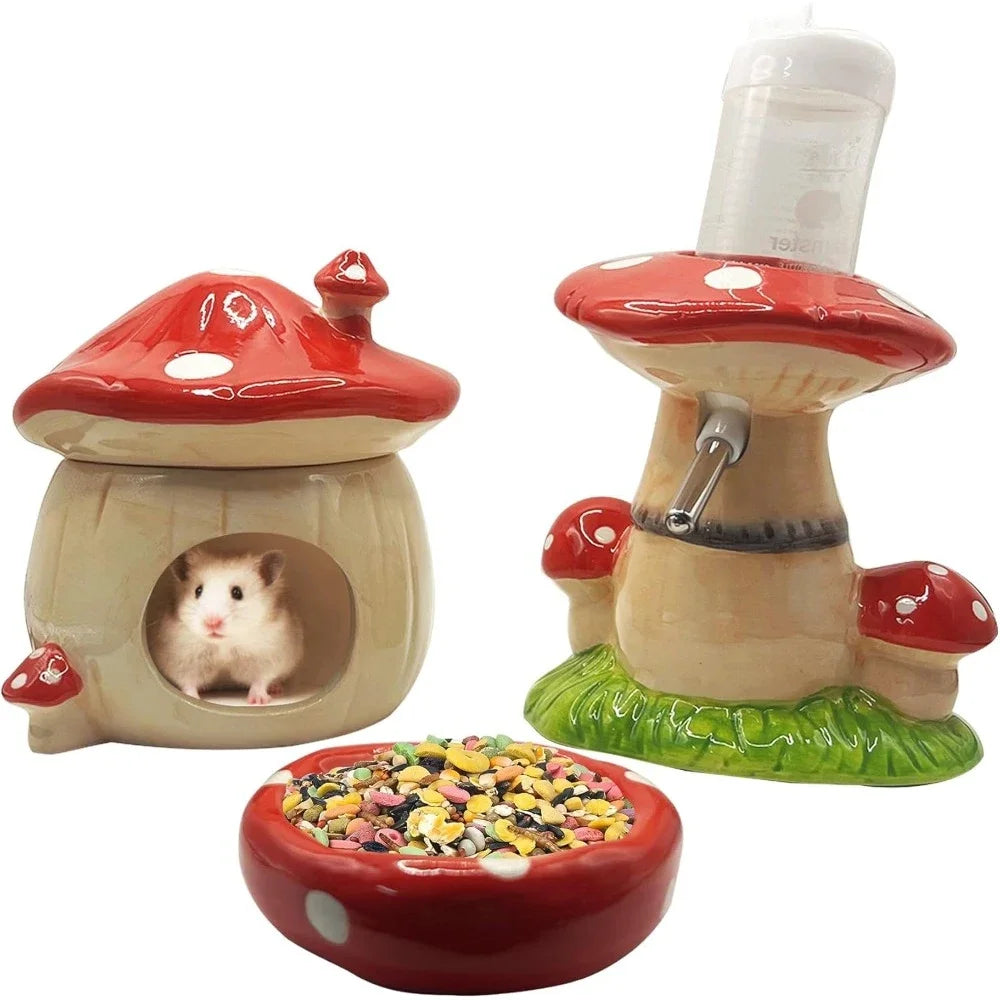 Mushroom Ceramic Hamster Hideout With Stand Water Bottle And Bowl