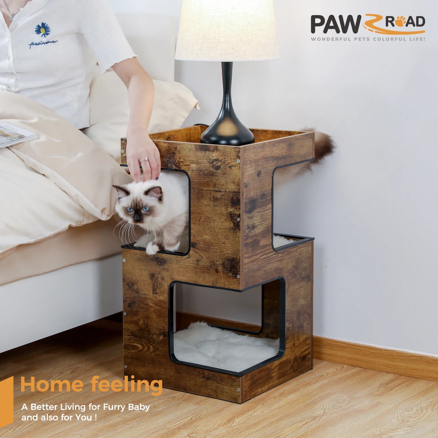 PAWZ Road Wood Cat Condo Bed With Scratching Pads Deluxe