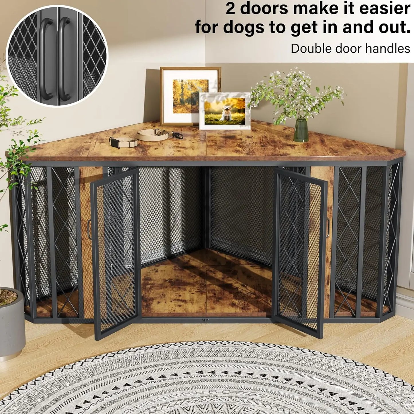 Wood Corner Dog Crate Furniture With Diamond Metal Decoration
