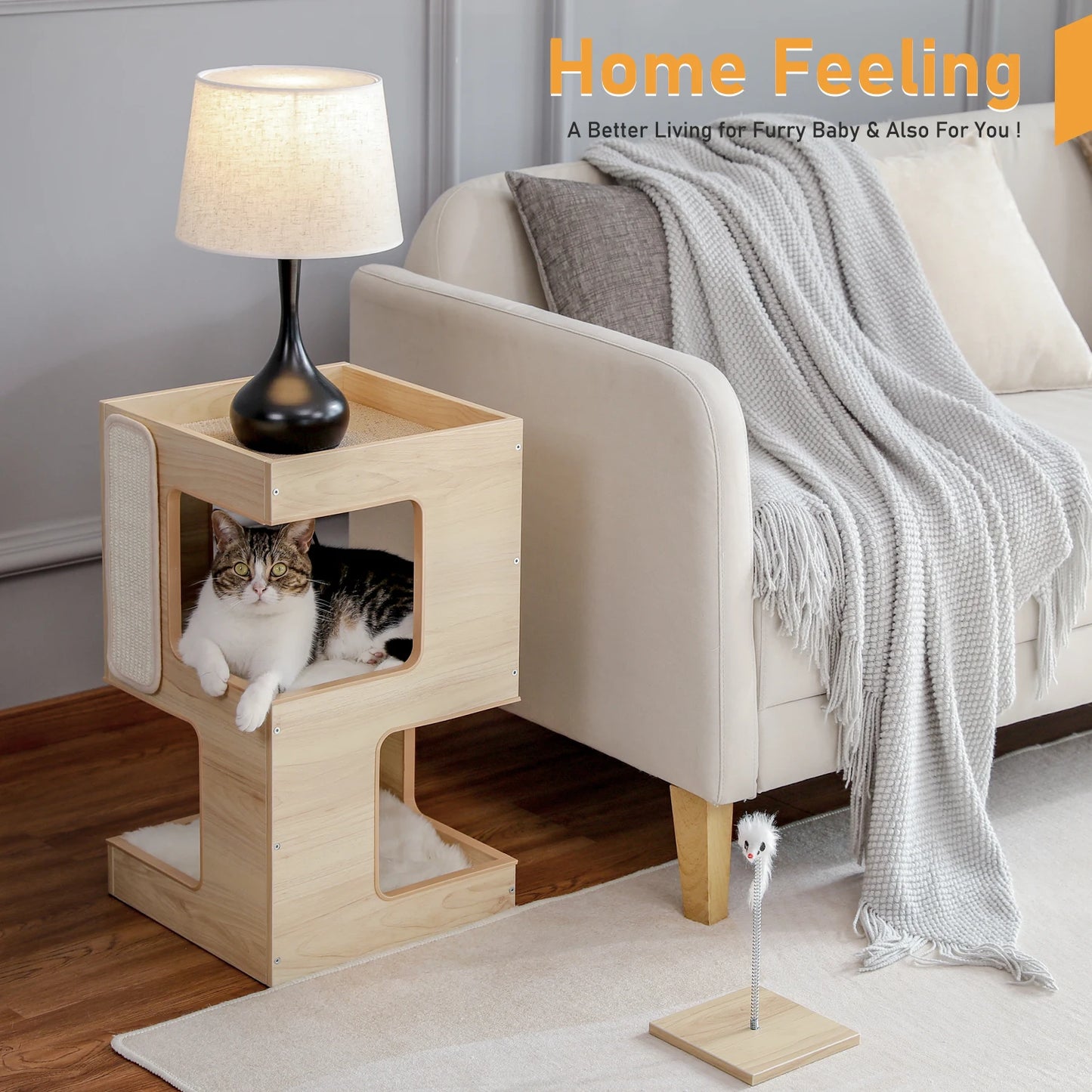 PAWZ Road Wood Cat Condo Bed With Scratching Pads Deluxe