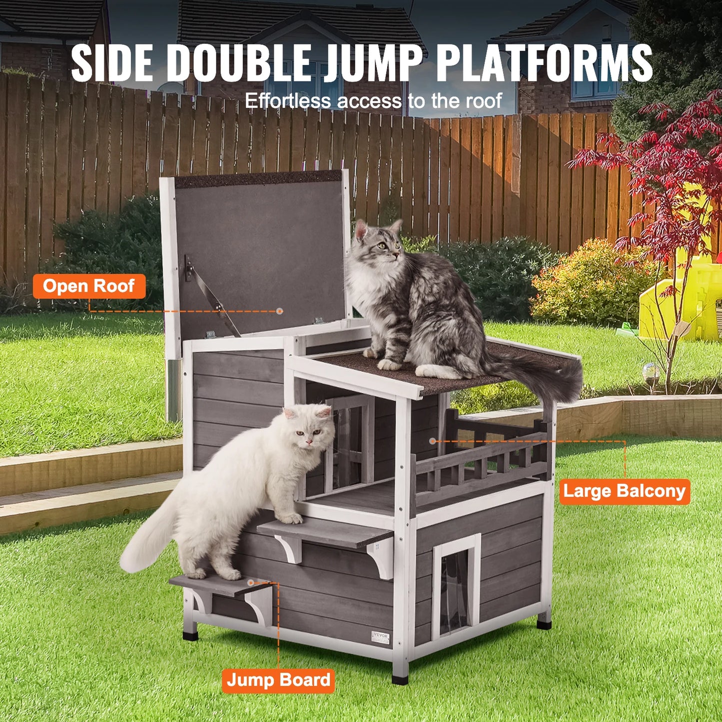 SucceBuy Outdoor Cat House Weatherproof Two Story Balcony Shelter