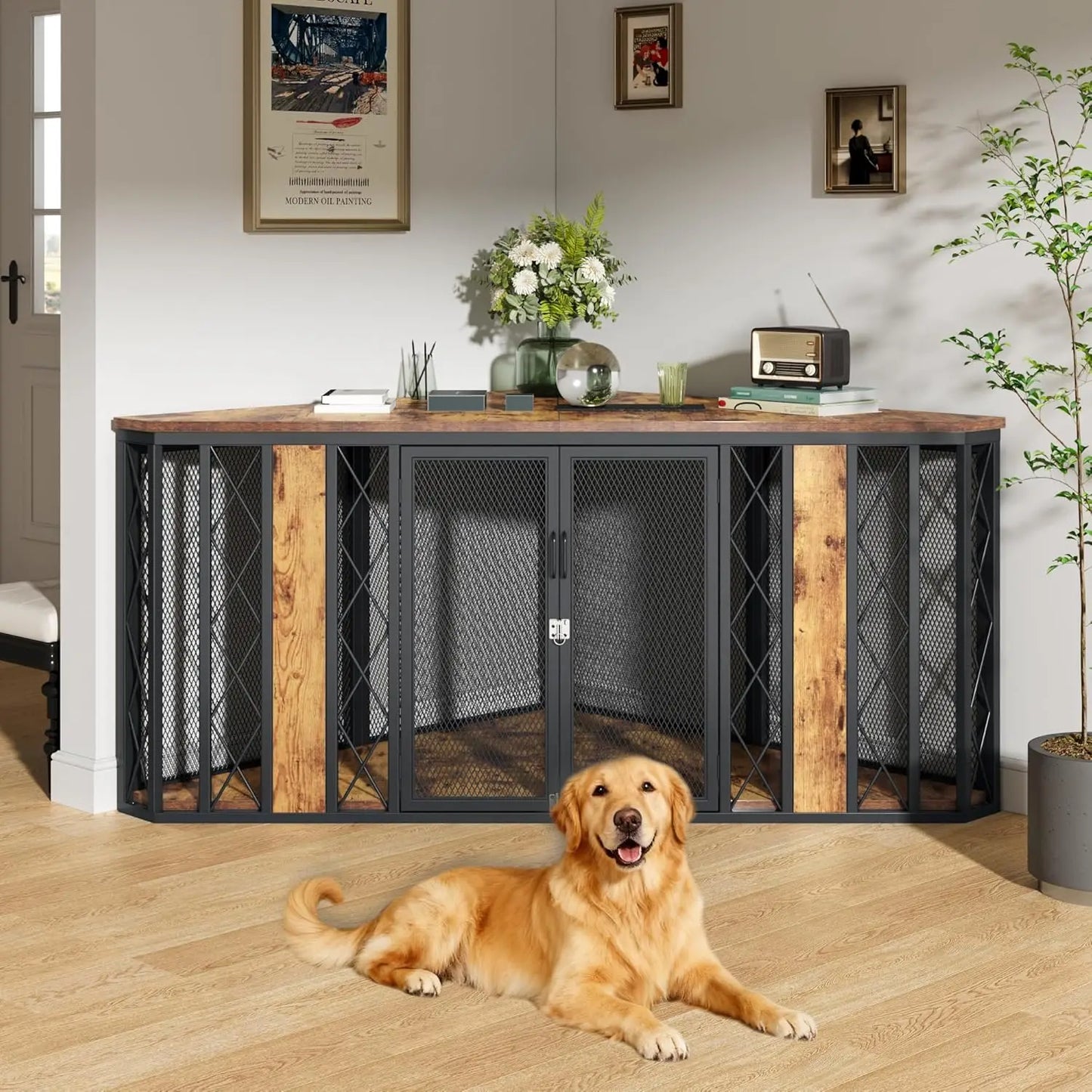 Wood Corner Dog Crate Furniture With Diamond Metal Decoration