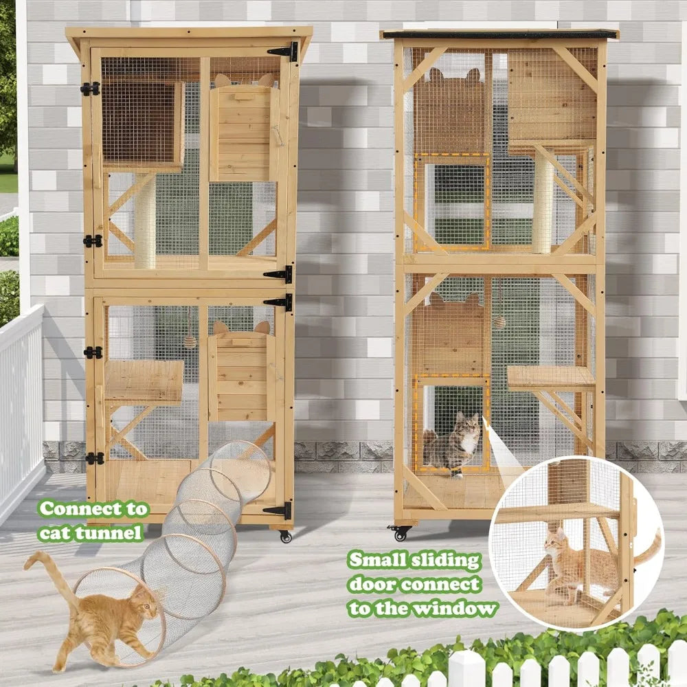 Multi-Level Outdoor Cat Enclosure With Window Access And Removable Floor