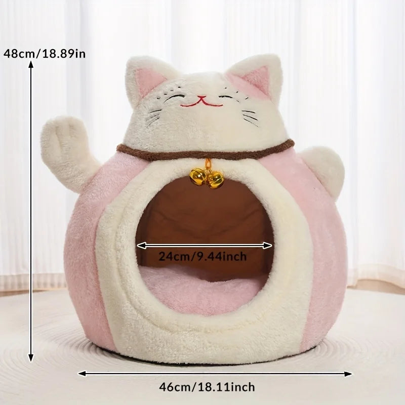 Winter Plush Cat Bed Cave With Hat Design For Cats