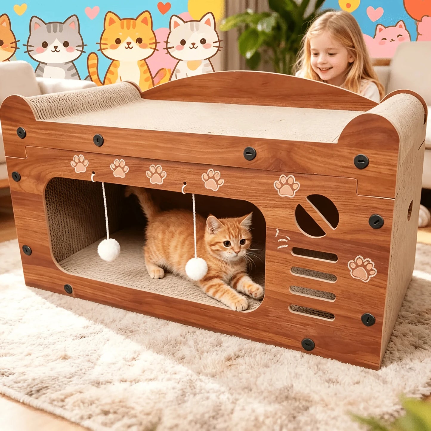 Nostalgic Television Style Cat Scratcher Bed 3 In 1 Toy