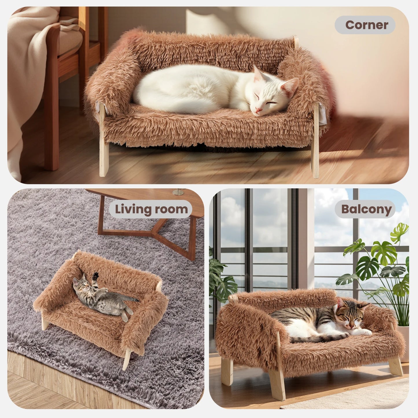Durable Cat Sofa Bed With Wooden Legs Plush Raised Nest