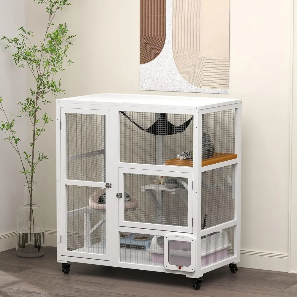 Indoor Wooden Catio Cat House On Wheels With 3 Platforms