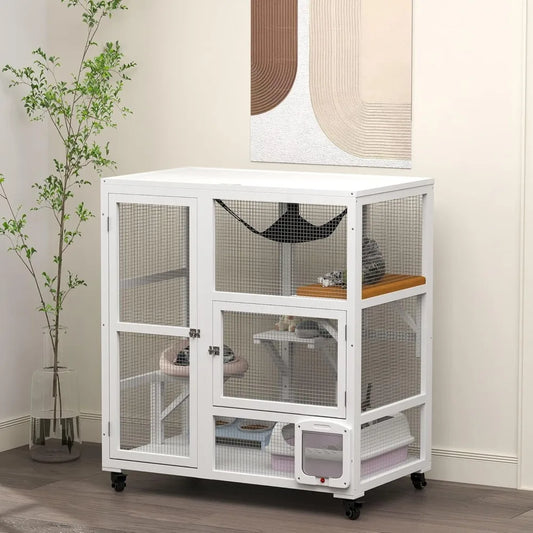 Indoor Wooden Catio Cat House On Wheels With 3 Platforms