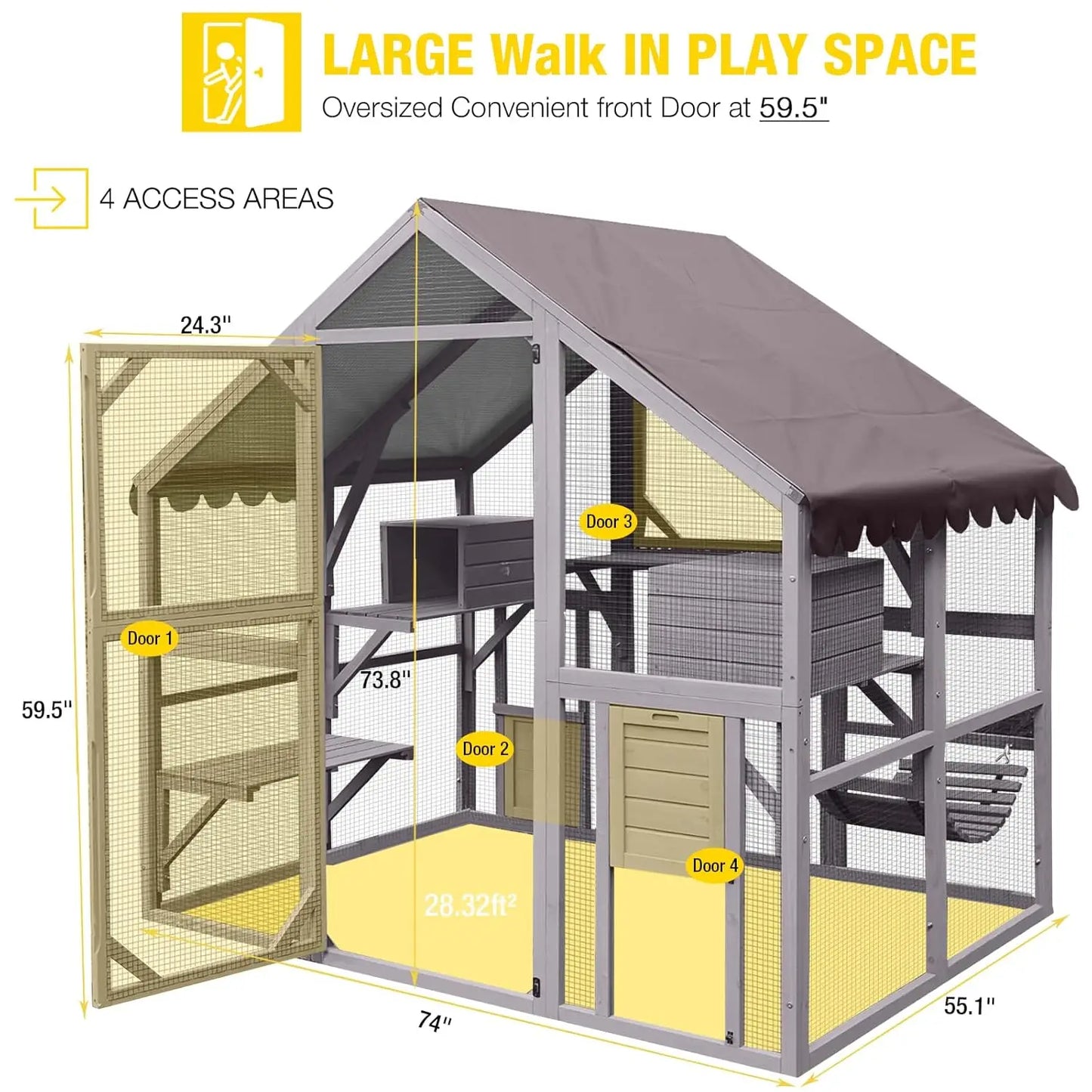 Wooden Outdoor Cat Enclosure With Large Door Platforms