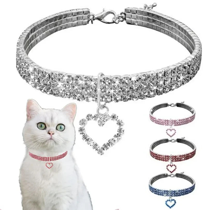 Elastic Rhinestone Collar For Cats And Dogs Three Row Decoration