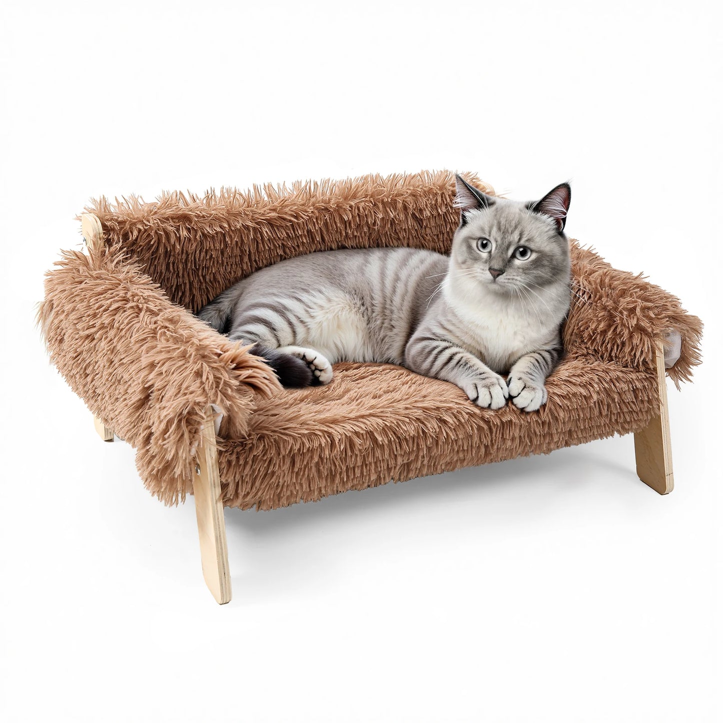 Durable Cat Sofa Bed With Wooden Legs Plush Raised Nest