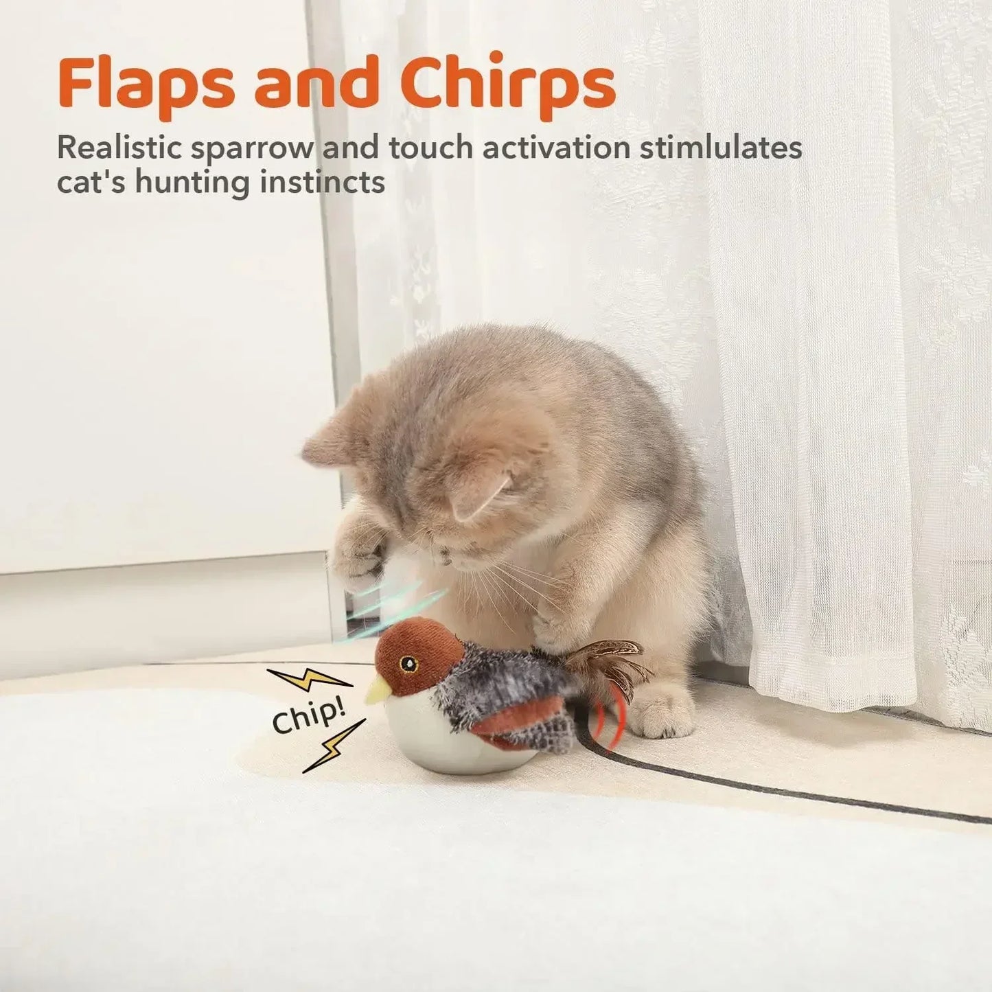 Rechargeable Flapping Bird Cat Toy With Chirping Sounds Motion Sensor