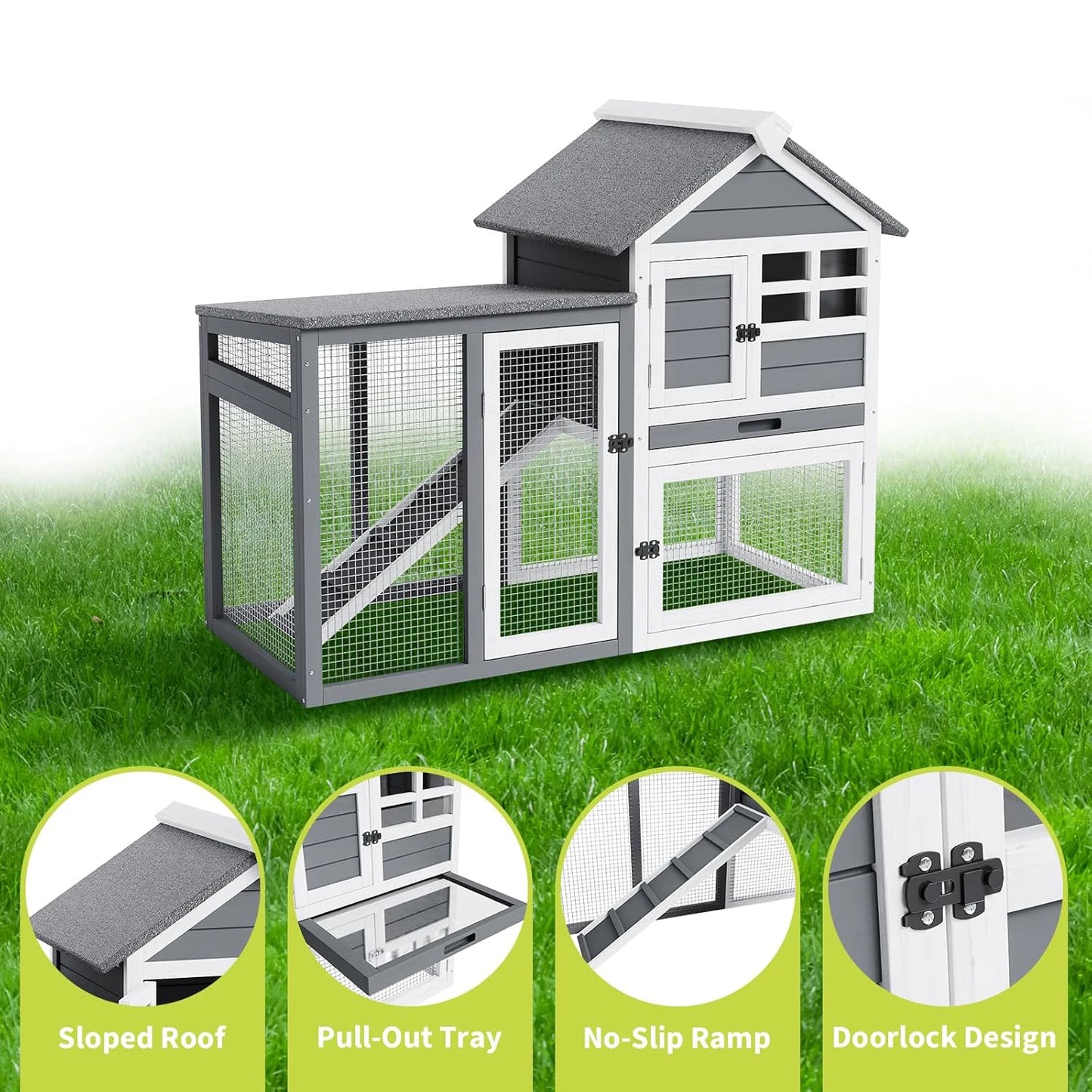HiMISSCN Rabbit Hutch Two Story Indoor Outdoor Cage Ramp