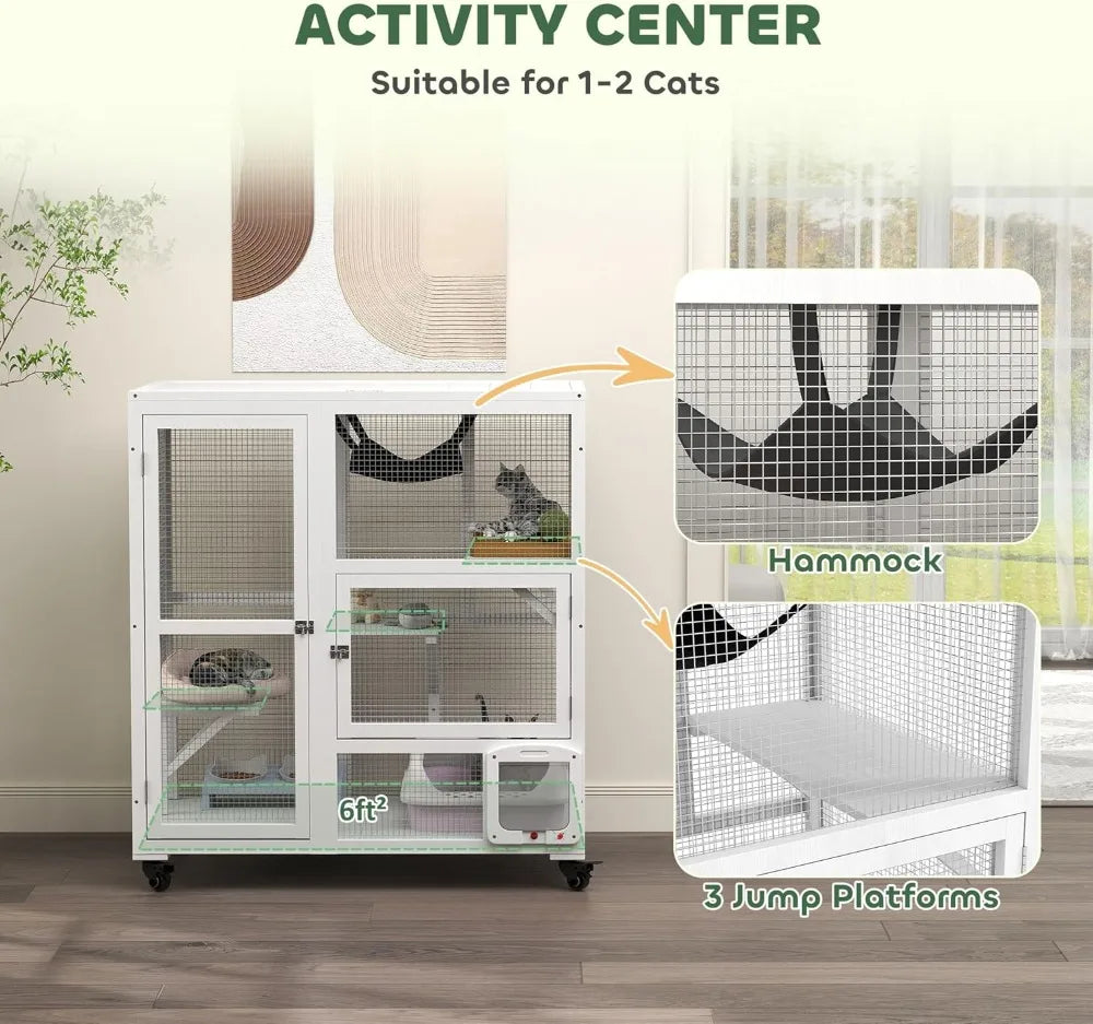 Indoor Wooden Catio Cat House On Wheels With 3 Platforms