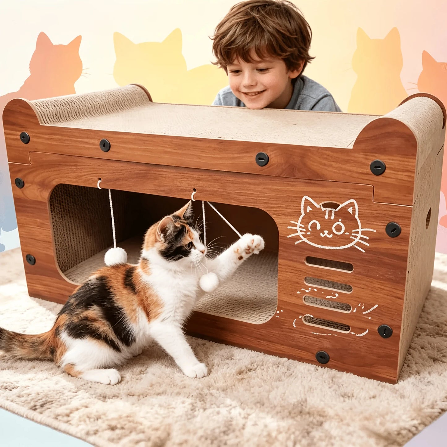 Nostalgic Television Style Cat Scratcher Bed 3 In 1 Toy