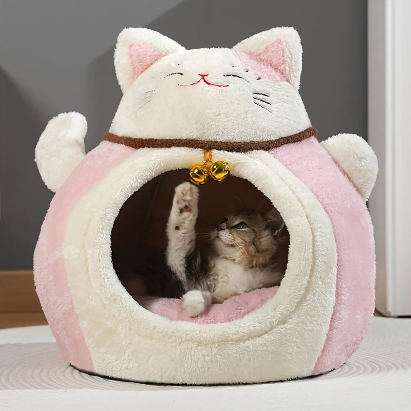 Winter Plush Cat Bed Cave With Hat Design For Cats