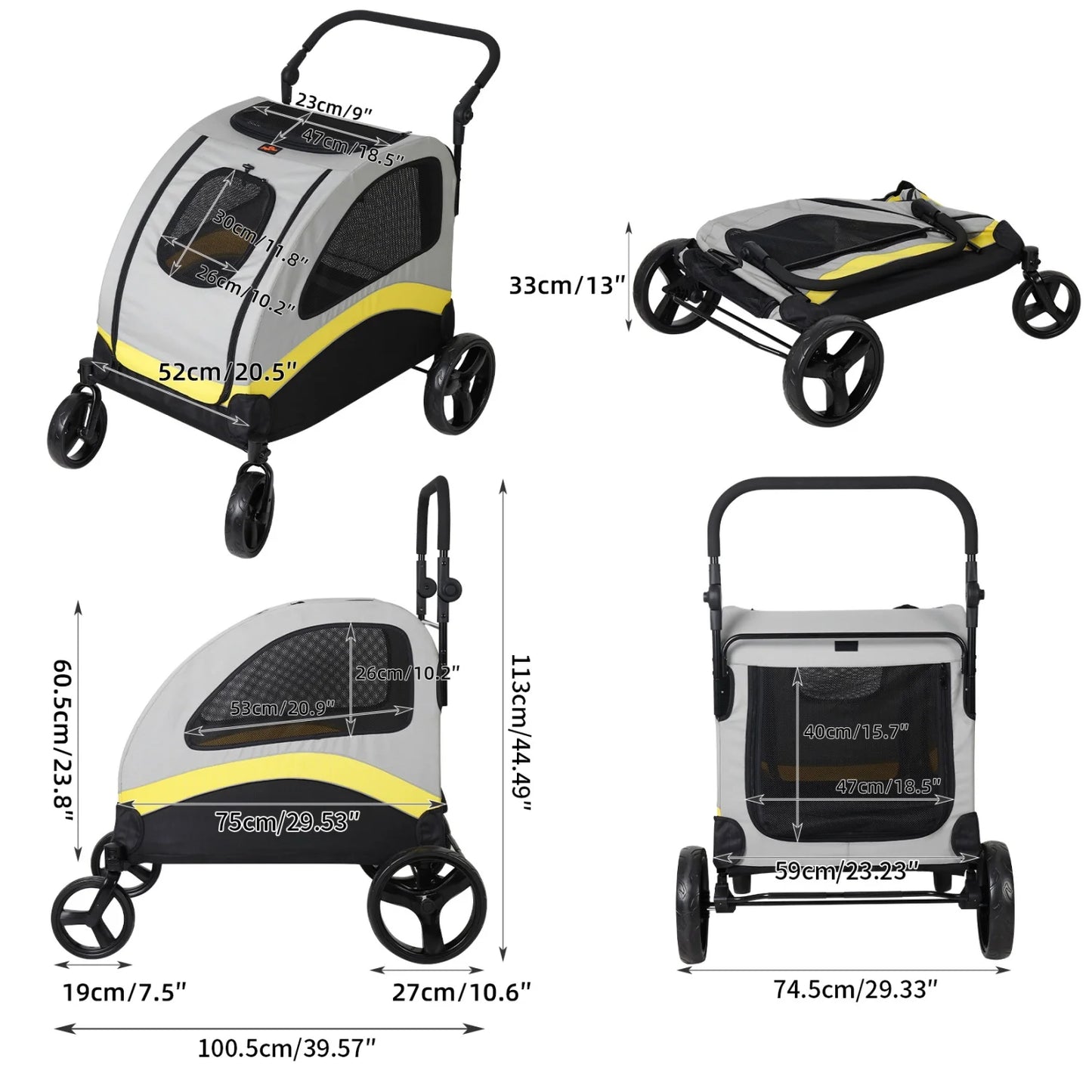 Pet Stroller for Two Dogs With Zipper Divider and Wheels
