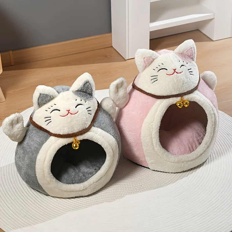Winter Plush Cat Bed Cave With Hat Design For Cats