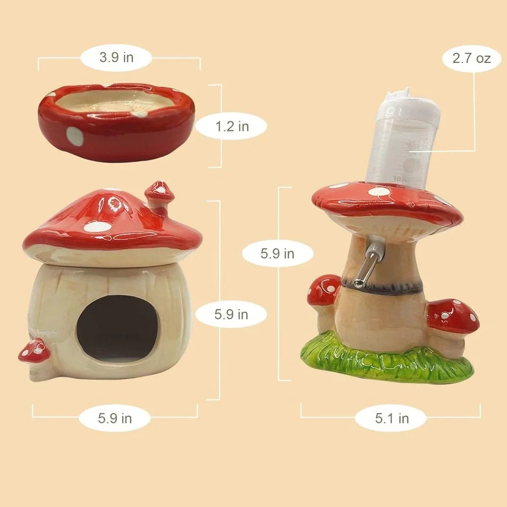 Mushroom Ceramic Hamster Hideout With Stand Water Bottle And Bowl