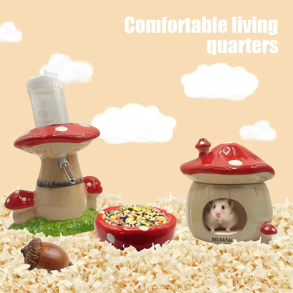 Mushroom Ceramic Hamster Hideout With Stand Water Bottle And Bowl