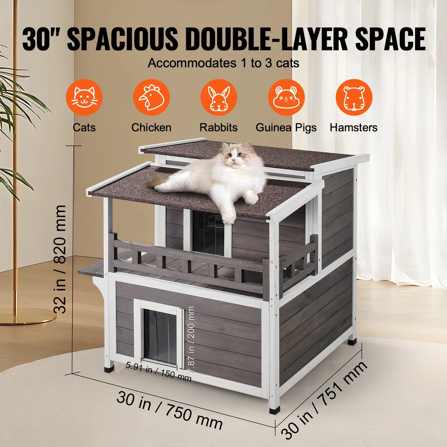 SucceBuy Outdoor Cat House Weatherproof Two Story Balcony Shelter