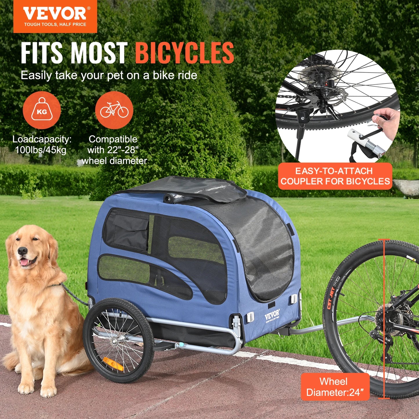 Pet Cart Bicycle Trailer For Dogs With Reflectors Collapsible For Travel