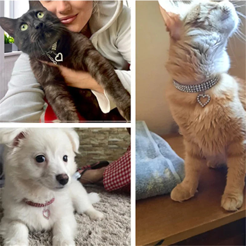 Elastic Rhinestone Collar For Cats And Dogs Three Row Decoration