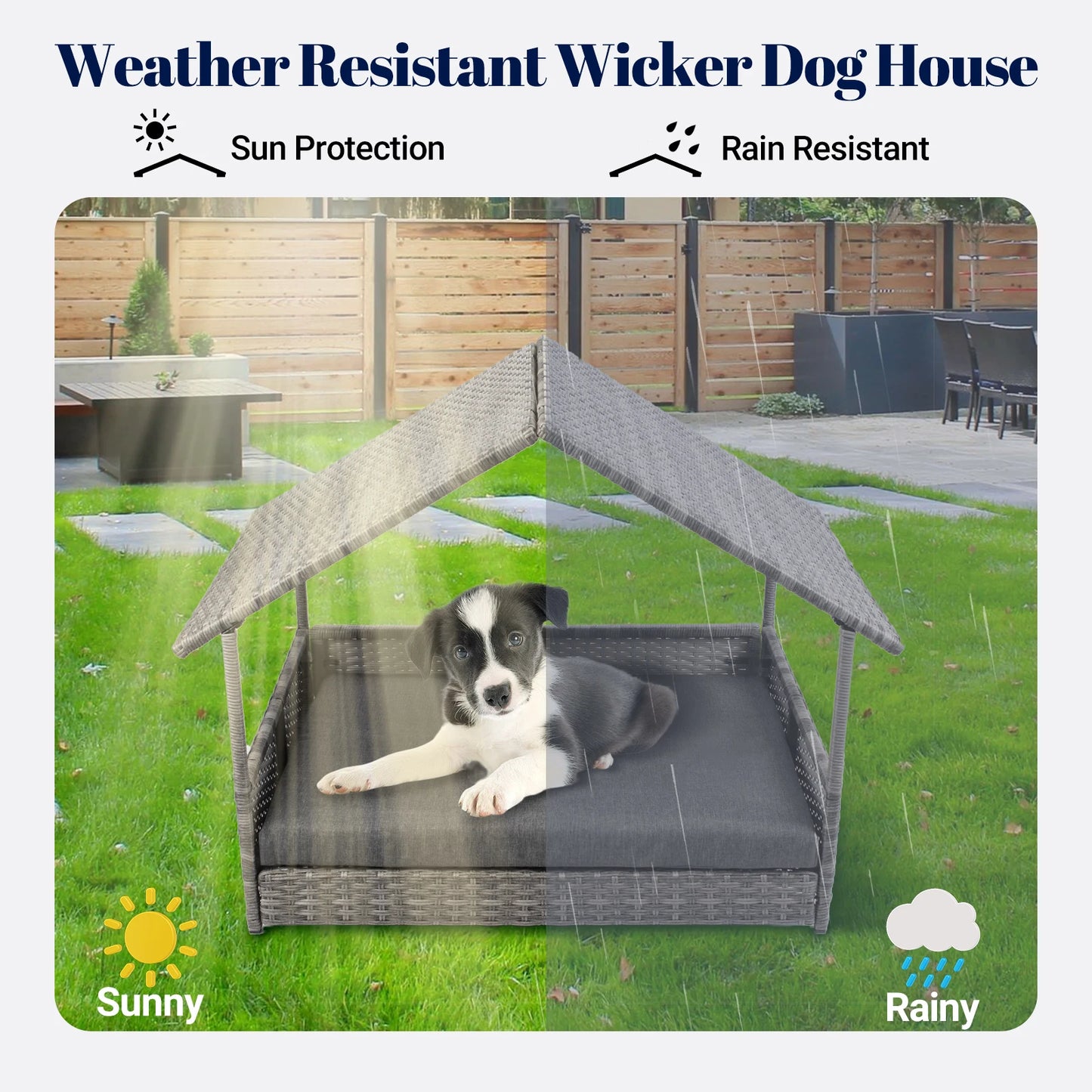 Wicker Dog House Elevated Rattan Bed With Canopy Cushion