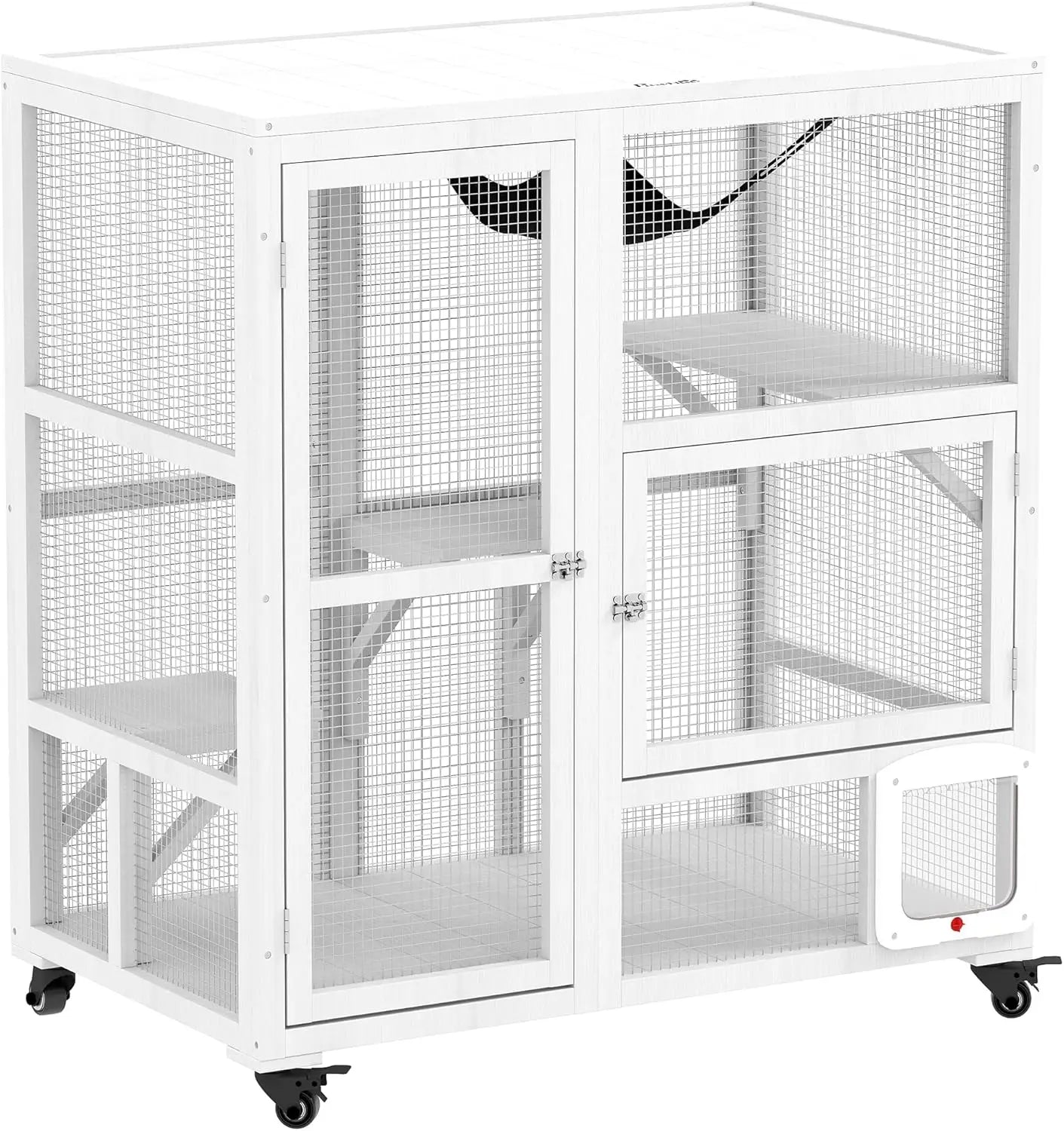 Indoor Wooden Catio Cat House On Wheels With 3 Platforms