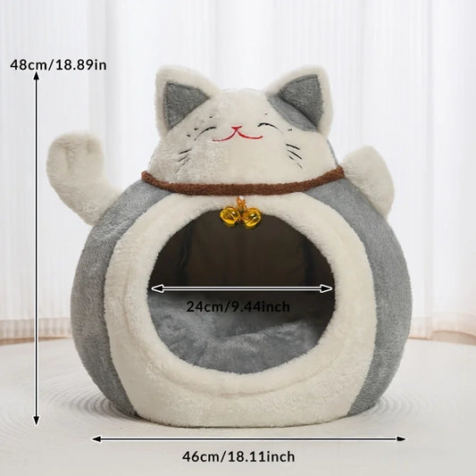 Winter Plush Cat Bed Cave With Hat Design For Cats